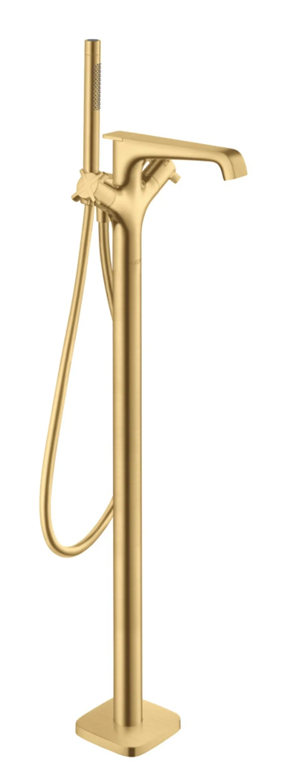 Bodenstehender Thermostat mit Handbrause in brushed gold Optik von AXOR, designed für die Badewanne, mit schlankem Standfuß und flexiblem Schlauch.